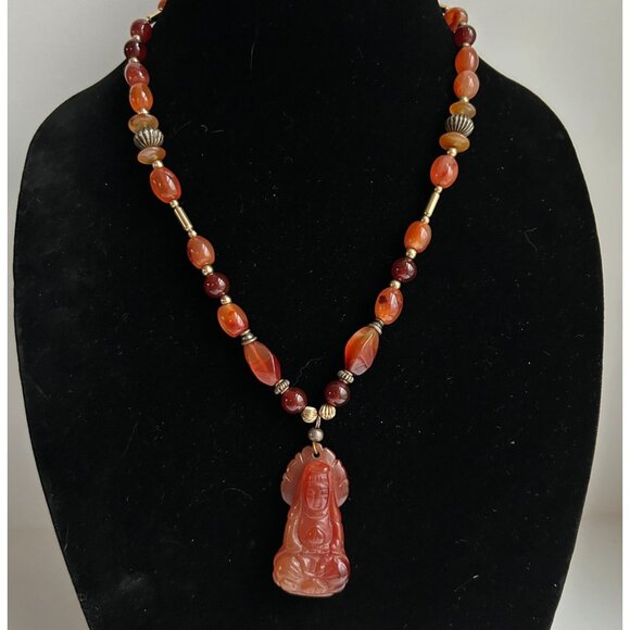 14k GF Carnelian Agate Beaded Necklace with Carved Guan Yin Buddhist - Picture 1 of 13